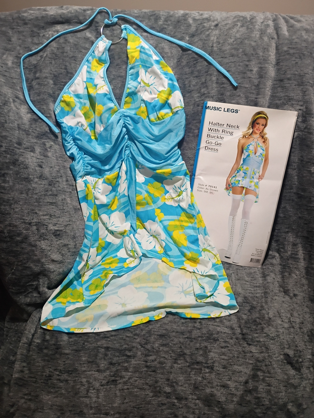 Halter Neck Go-Go Dress Costume Blue Floral Retro Retro 60s 70s Size M/L